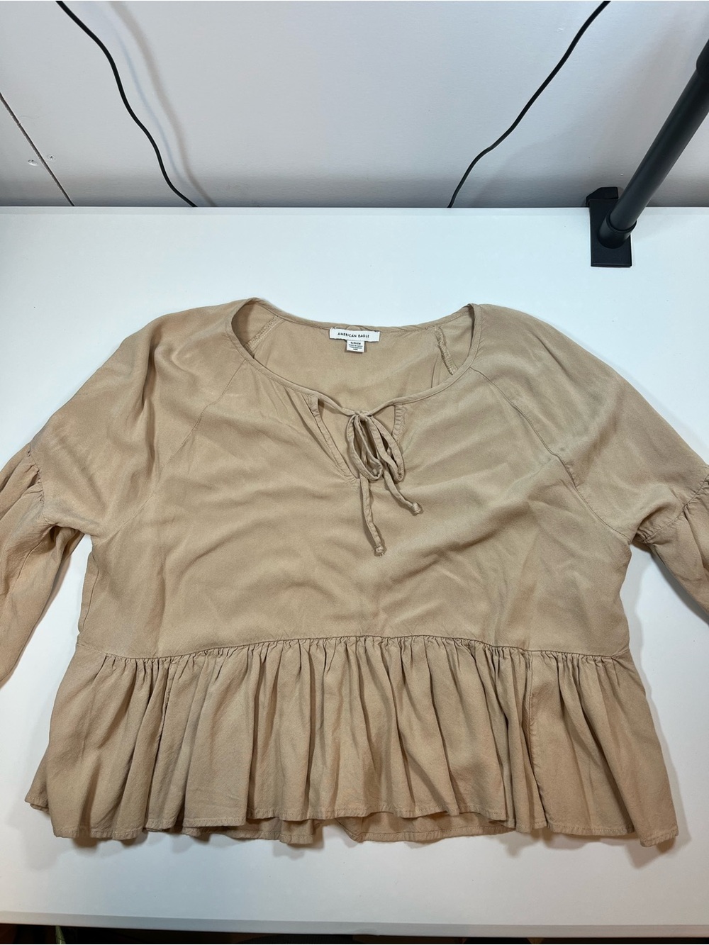 American Eagle Beige Tie Neck Peplum Blouse Long Sleeve Boho